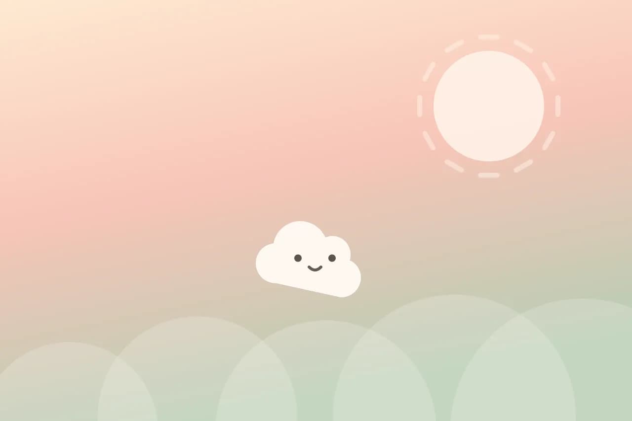Illustratie van een mochi-wolkje onder een stralende zon in een warme perzik-naar-salie gradient
