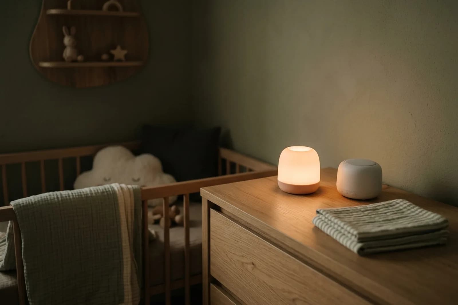 Donkere babykamer met een zacht gedimd nachtlampje en een compact witteruis-apparaat op de commode