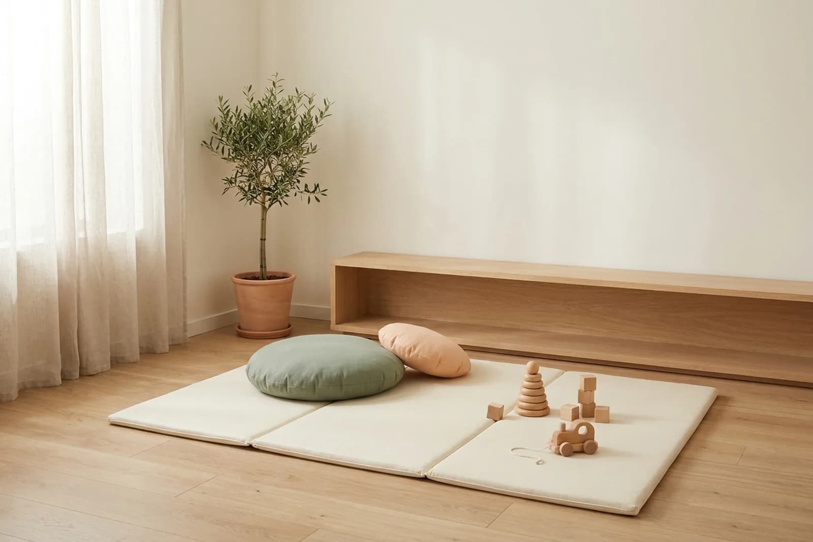 Zachte speelhoek met crème speelmat, saliegroene en perzikkleurige kussens en houten speelgoed in een licht, rustig interieur