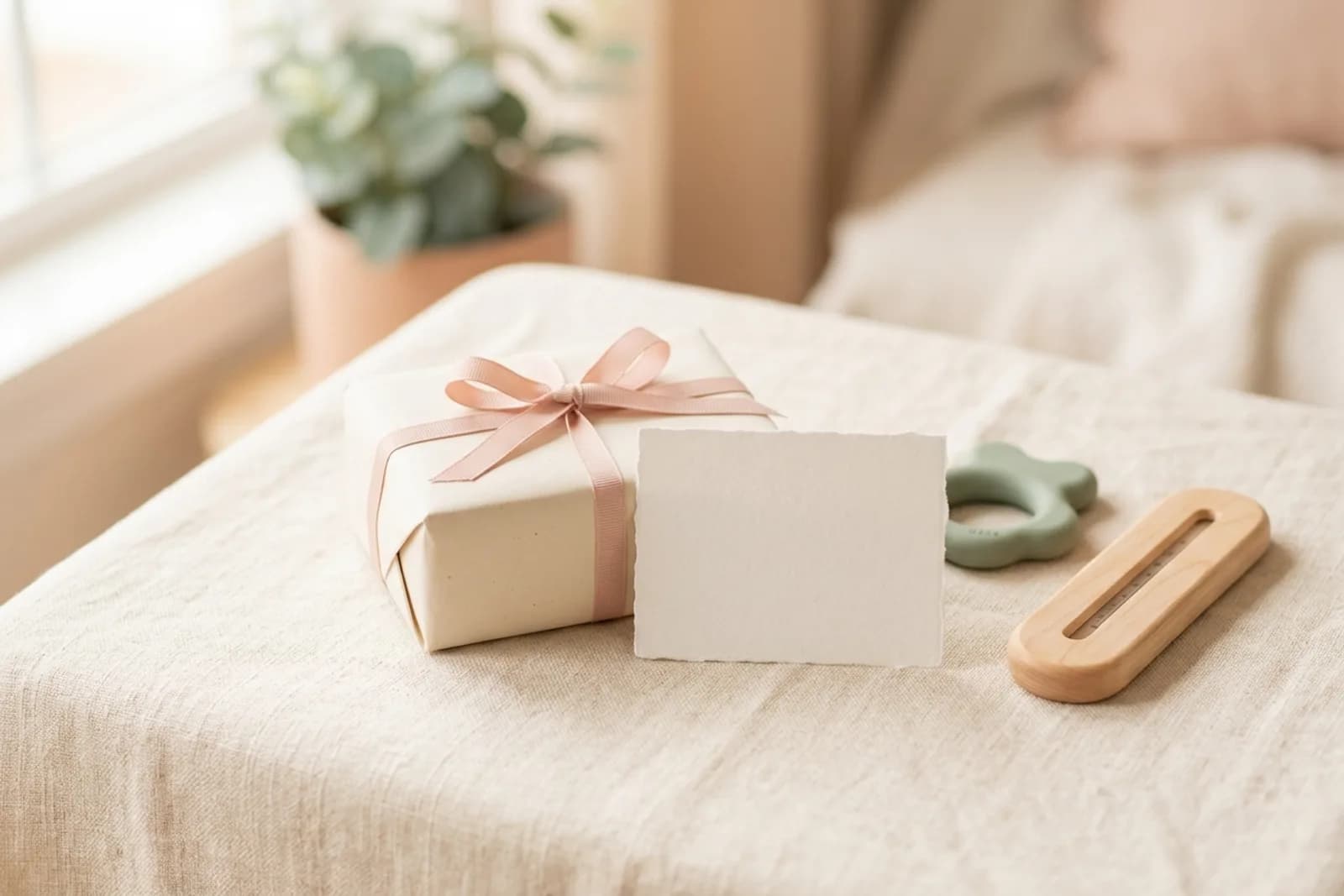 Zacht ingepakt babycadeautje met een handgeschreven kaartje in warme perzik- en crèmetinten