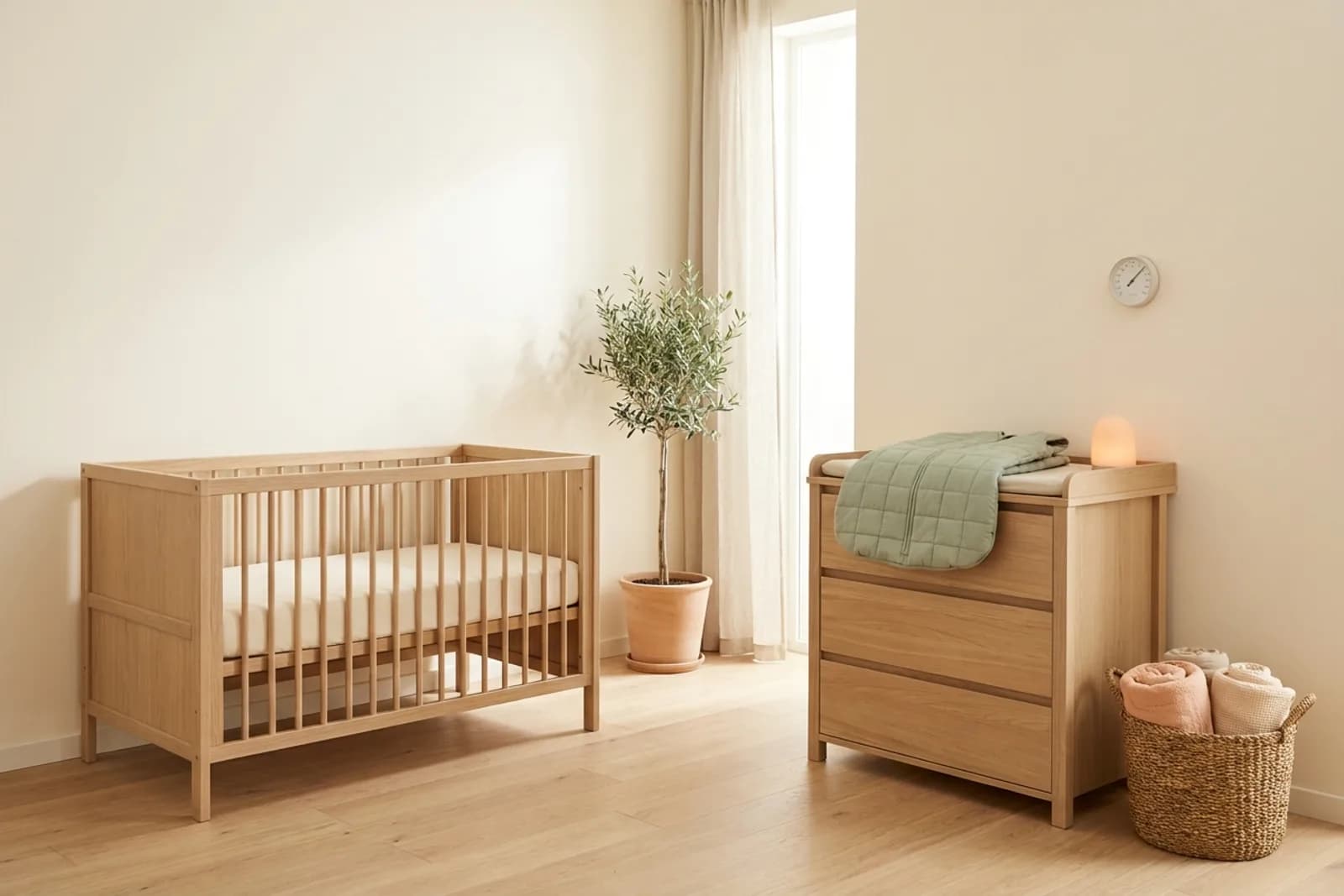 Serene babykamer met een licht houten bedje, een commode met slaapzak, een nachtlampje en een kamerthermometer aan de muur
