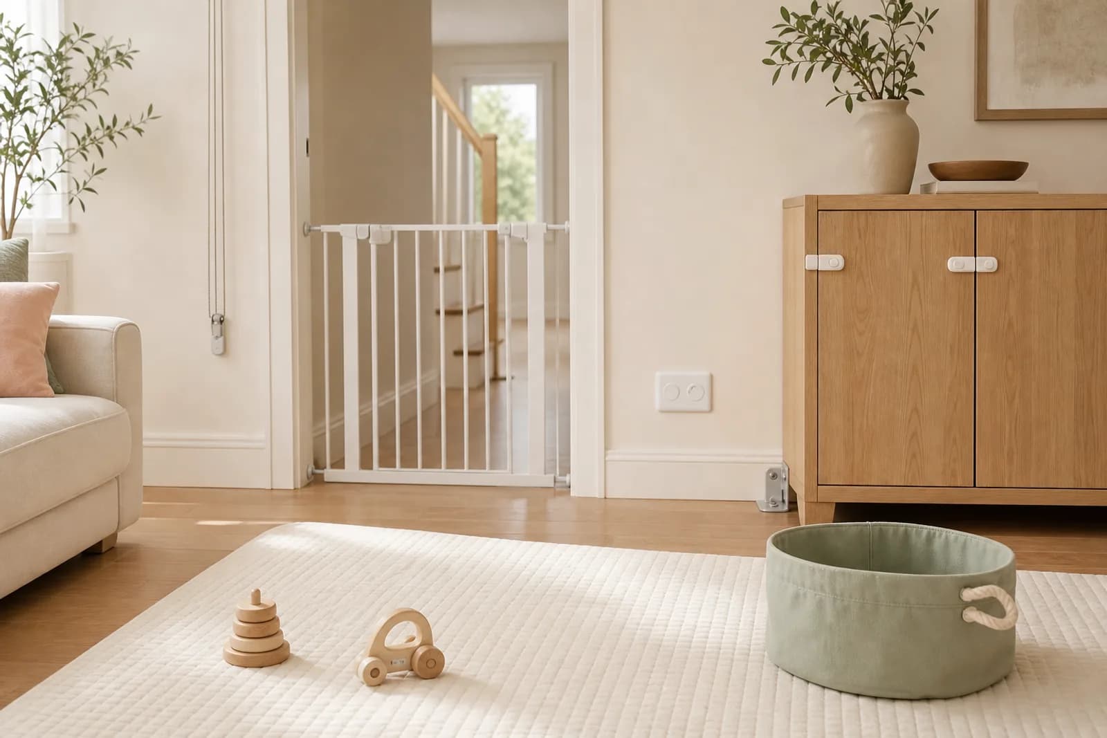 Babysicheres Wohnzimmer mit geschlossenem Treppengitter, befestigtem Holzschrank, geschützten Steckdosen und Spielmatte