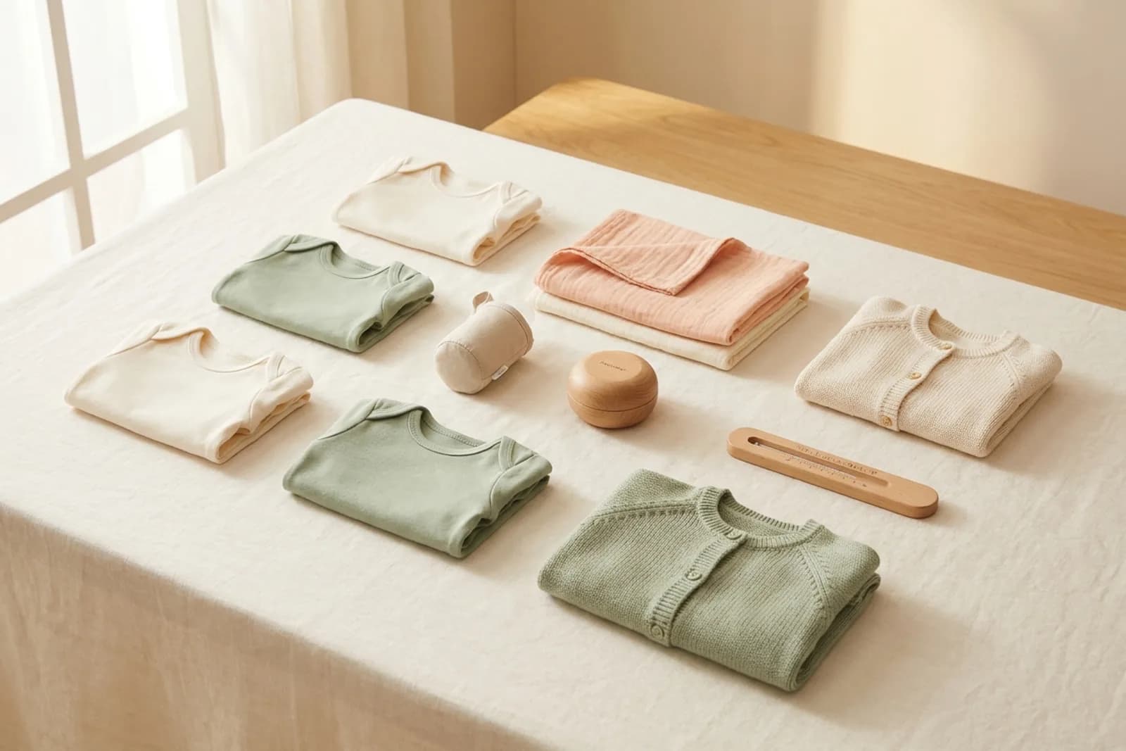 Nette flat-lay met opgevouwen babykleertjes, een flessenhoes, een speenetui en een badthermometer op een linnen ondergrond