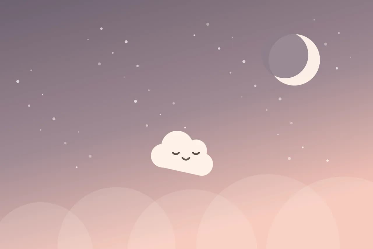 Illustration einer schlafenden Mochi-Wolke unter einer Mondsichel in einem Dämmerhimmel von Violett nach Pfirsich