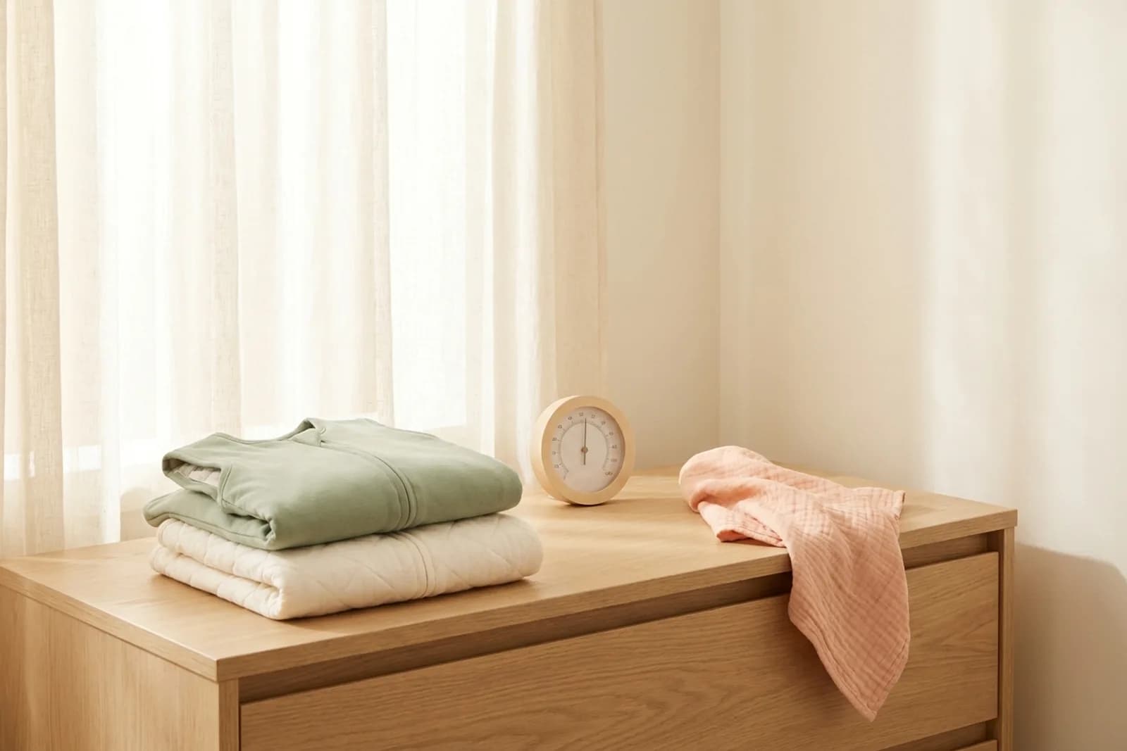 Saliegroene en crème babyslaapzakken netjes opgevouwen naast een ronde kamerthermometer op een licht houten dressoir