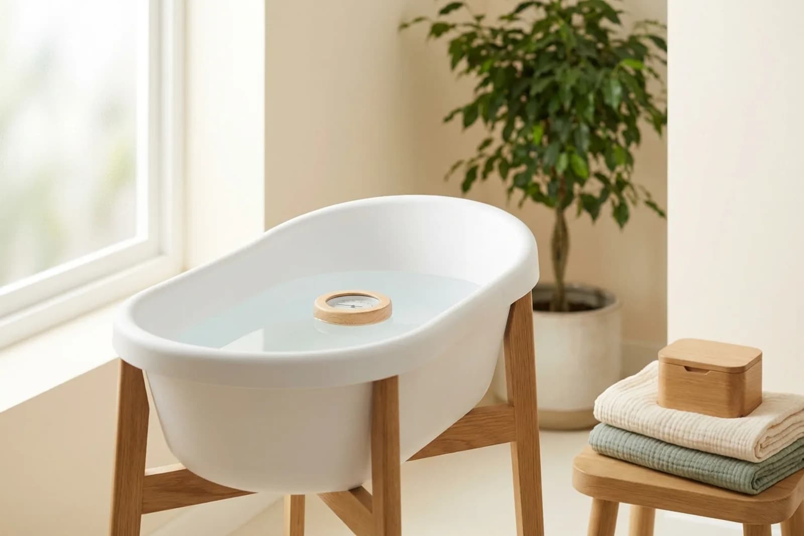 Wit babybadje op een houten standaard met helder water en een drijvende badthermometer, in een warm, rustig badkamerhoekje