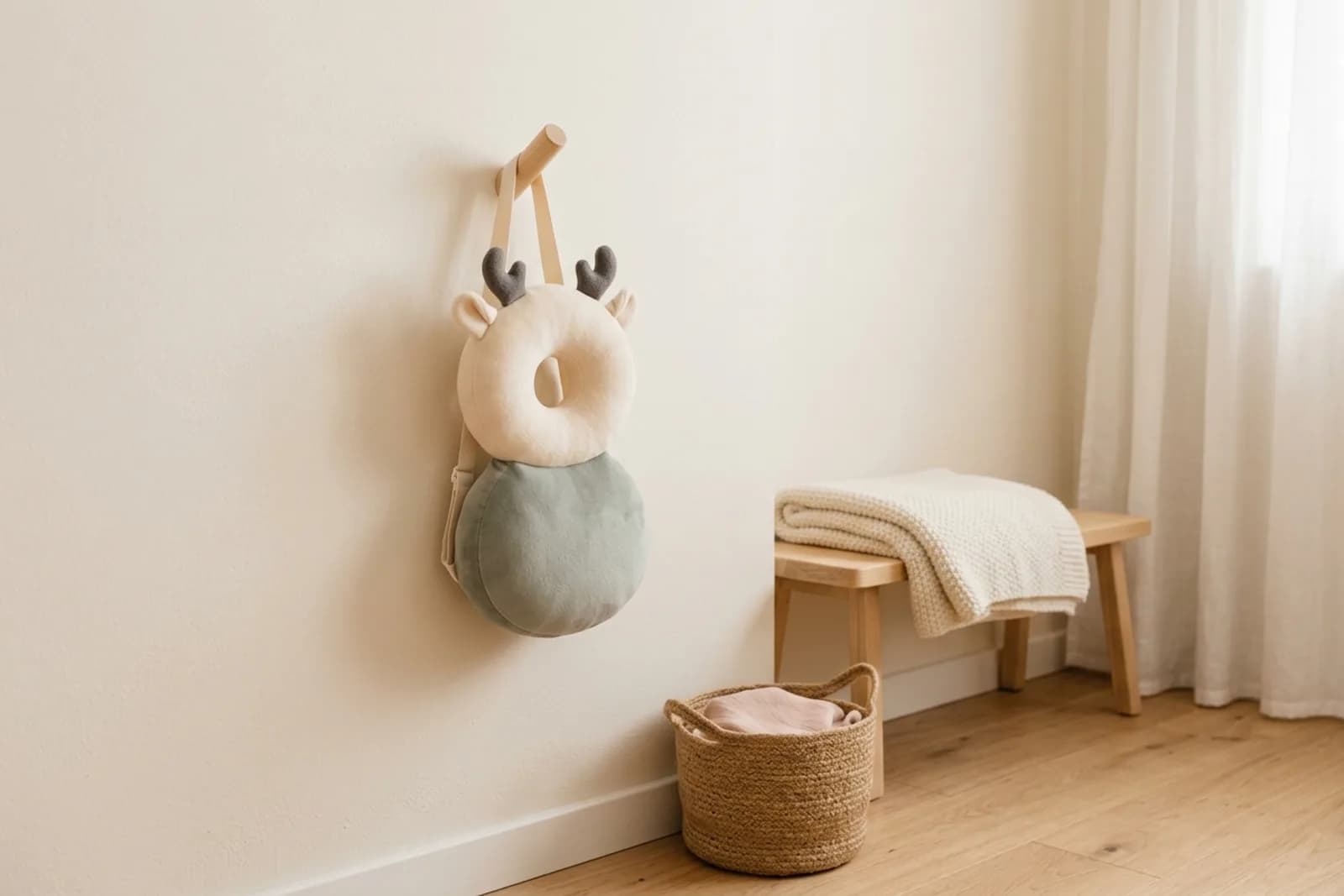 MoshiGuard valkussen hangt aan een houten wandhaakje in een rustige babykamer, met een rieten mand op de vloer en een houten bankje