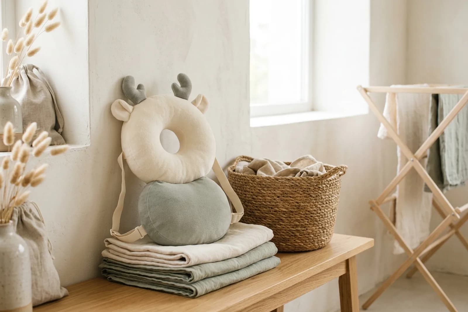 Coussin antichute MoshiGuard devant une pile de textiles crème et vert sauge pliés sur un banc en bois, avec un panier en osier et un séchoir en bois