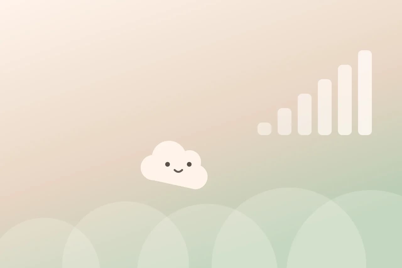 Illustratie van een mochi-wolkje naast oplopende staafjes in zachte zand- en salietinten