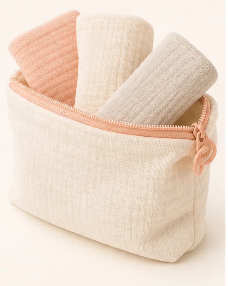 Crème mousselinen etui met drie zachte wasdoekjes