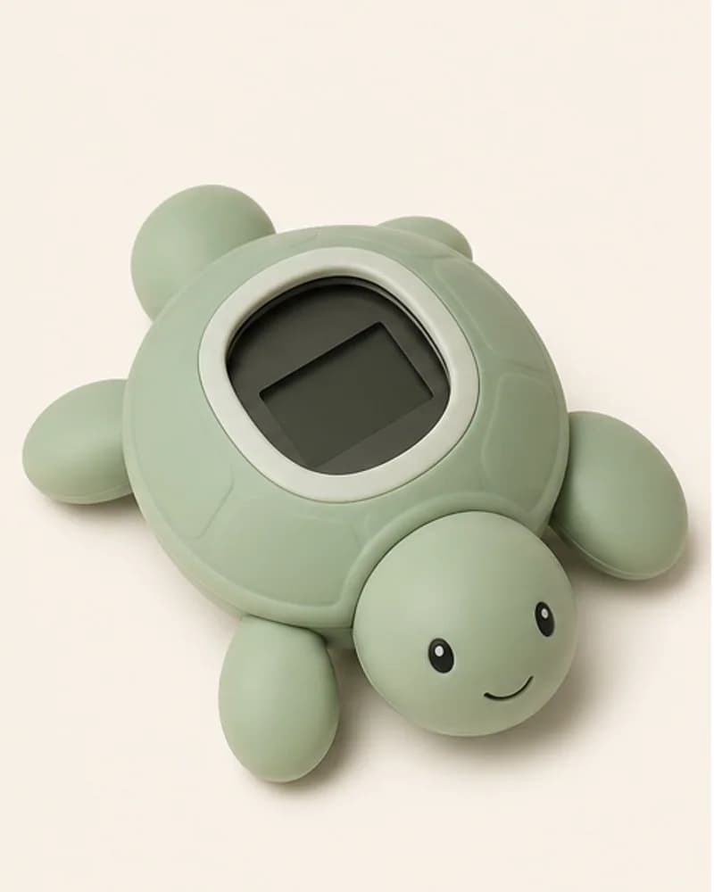 Saliegroene digitale badthermometer in de vorm van een schildpad