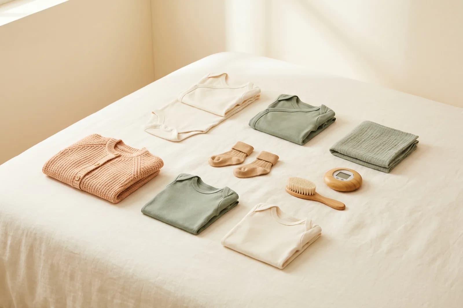 Netjes uitgestalde babyuitzet op een crème sprei: rompertjes, een perzikkleurig vestje, sokjes en hydrofiele doek