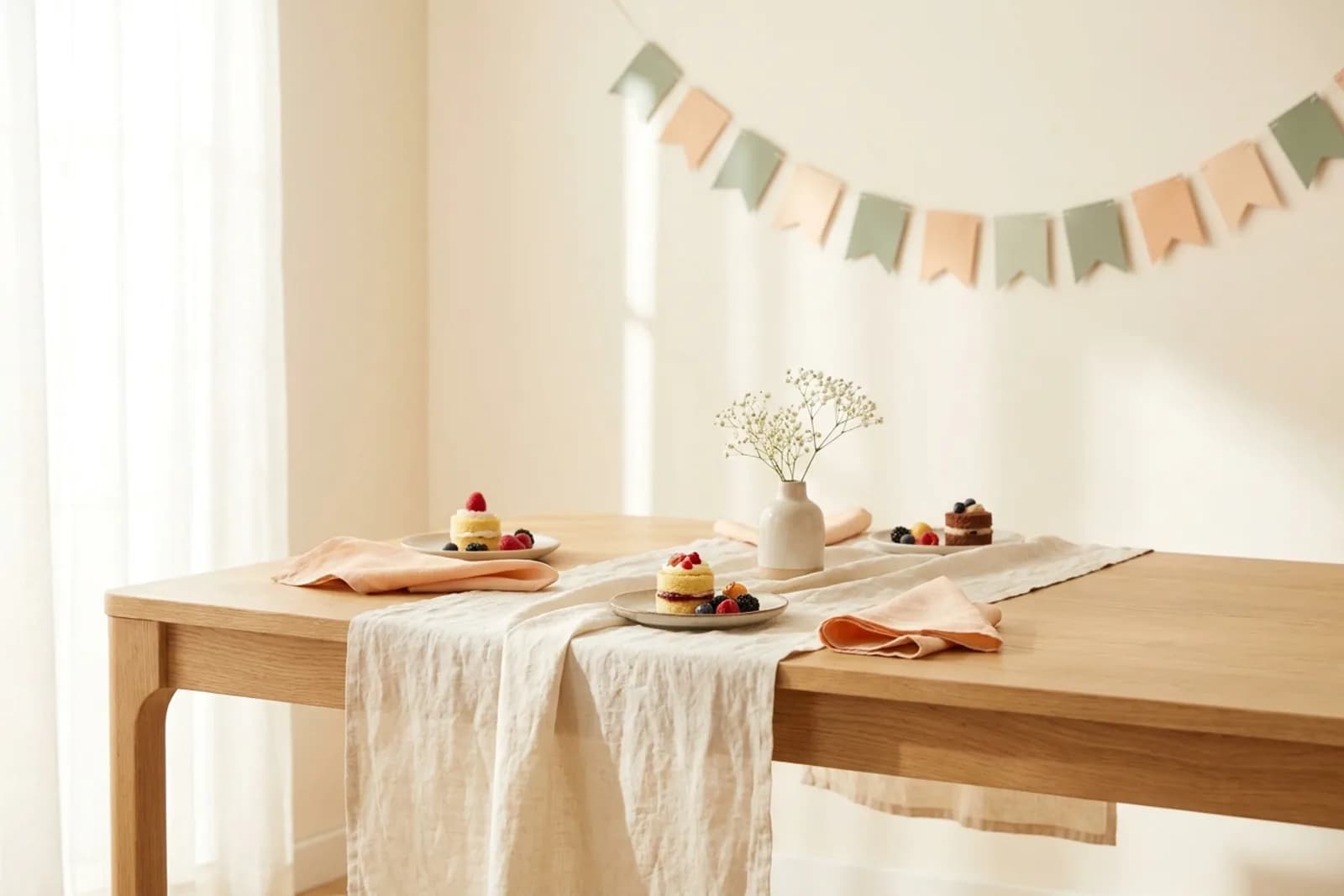 Feestelijk gedekte babyshower-tafel met gebak, fruit en een slinger in perzik en saliegroen