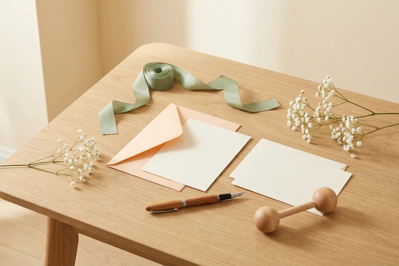 Crème uitnodigingskaarten met perzikkleurige envelop, saliegroen lint en een vulpen op een eikenhouten tafel