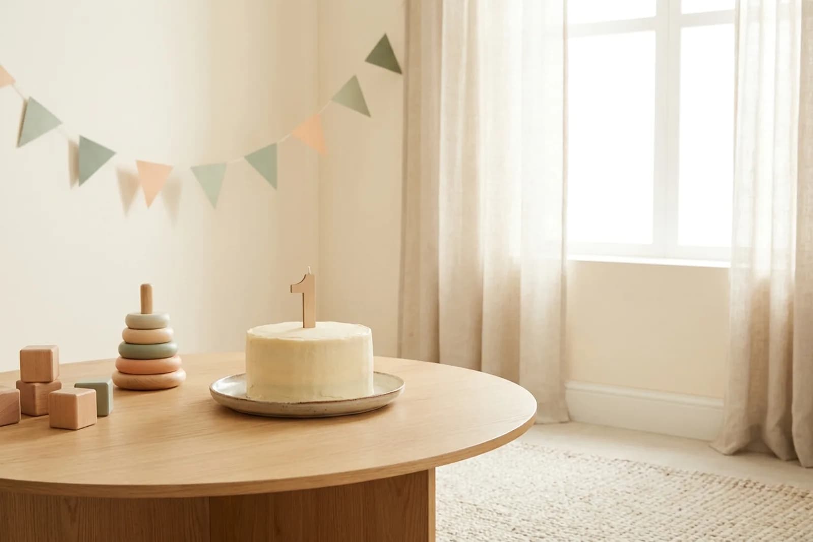 Kleine crème verjaardagstaart met houten cijfer één naast houten stapelringen en blokken op een eikenhouten tafel