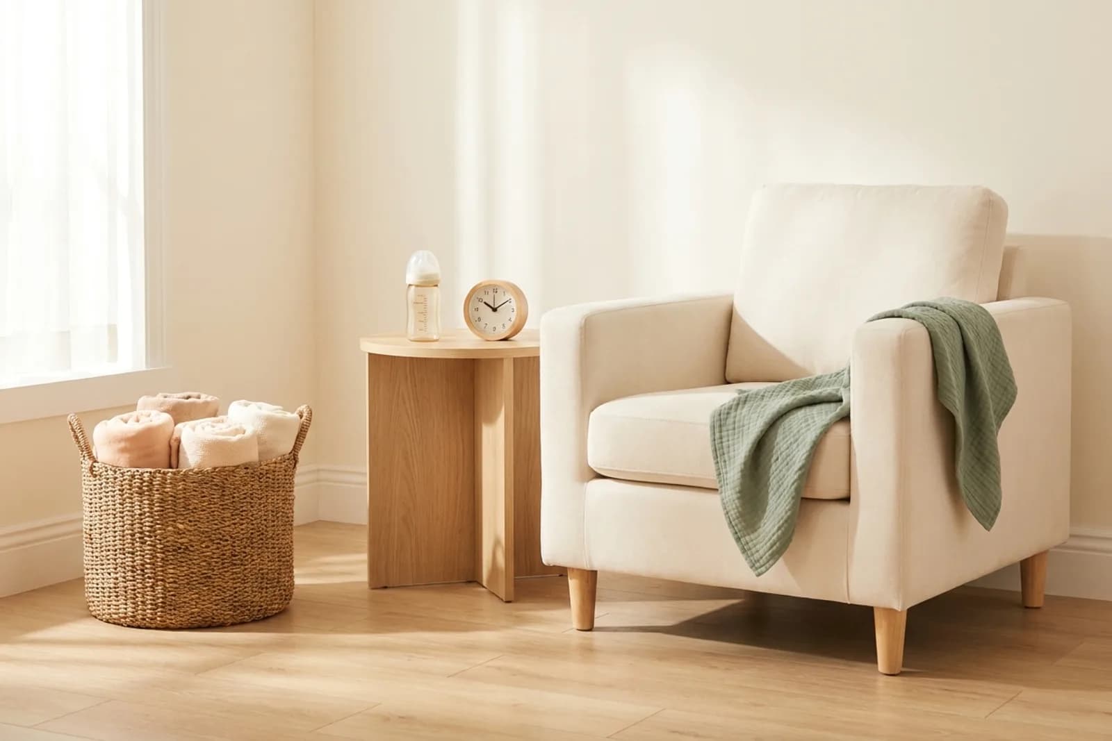 Crème fauteuil met hydrofiele doek, houten bijzettafel met babyfles en een kleine ronde klok in ochtendlicht