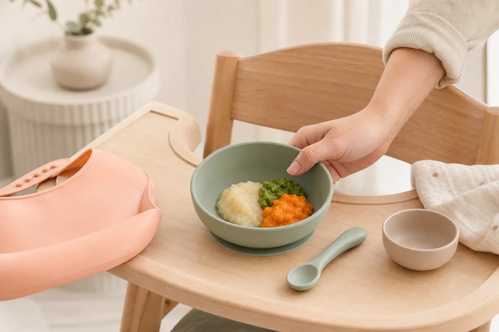 Ouderhand zet een saliegroene kom met zachte eerste hapjes op een houten kinderstoel