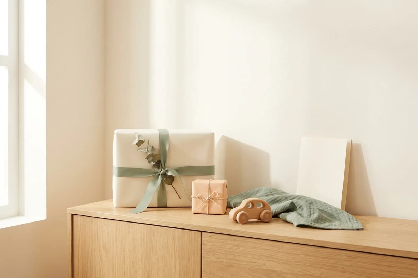 Groot kraamcadeau in crème papier met saliegroen lint naast een klein perzikkleurig pakje en een houten speelgoedautootje