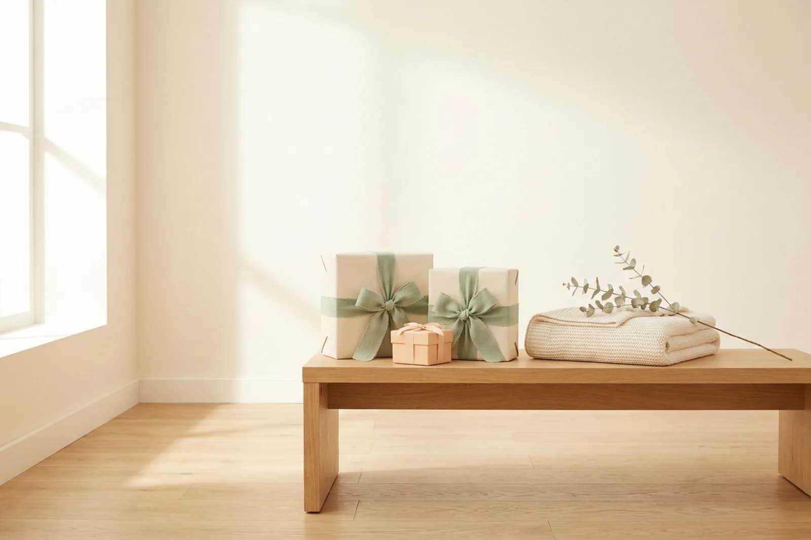 Ingepakte kraamcadeaus in crème papier met saliegroen lint naast een gevouwen babydeken op een houten tafel