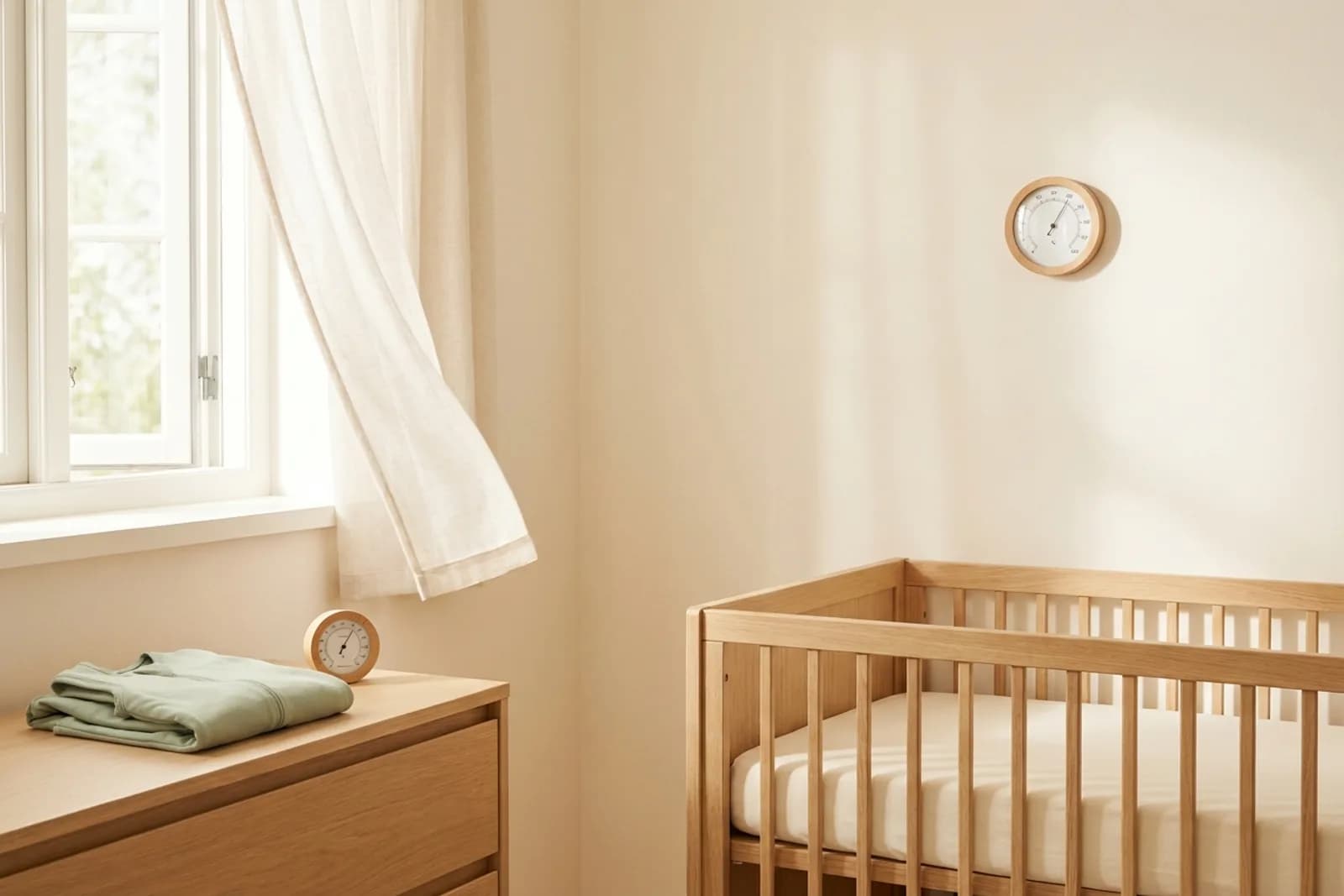 Rustige babykamer met ledikant, kamerthermometer aan de muur en een saliegroene slaapzak op de commode
