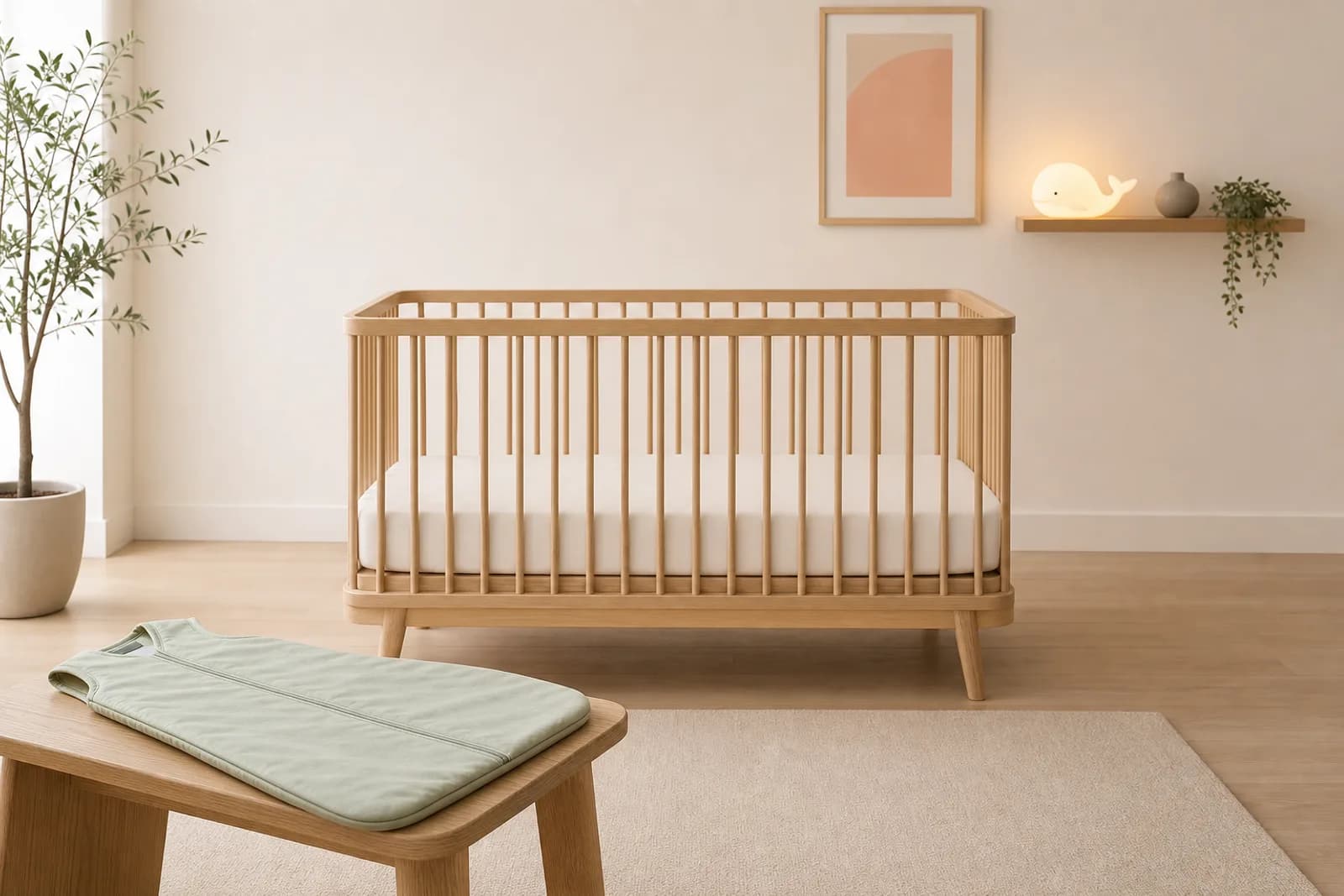 Leeg houten babybedje met stevig matras en een saliegroene slaapzak op een bankje ernaast