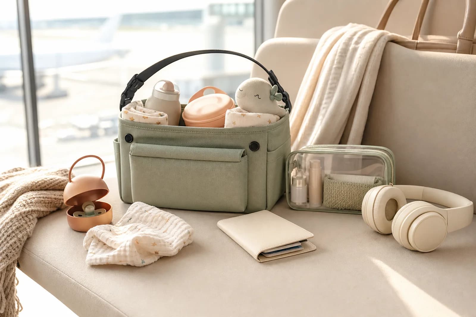 Saliegroene baby-organizer met verzorgingsspullen en reisaccessoires bij een luchthavenraam