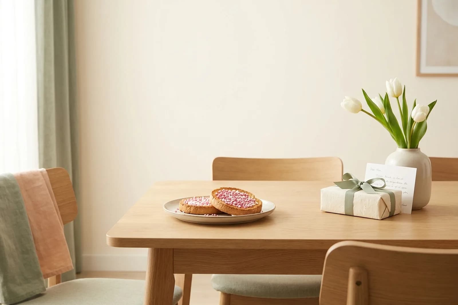 Beschuit met roze muisjes naast een klein ingepakt kraamcadeau en een handgeschreven kaart met witte tulpen